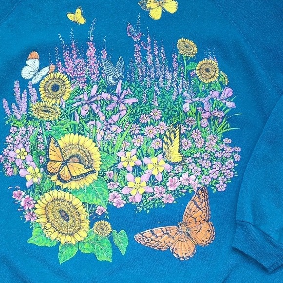 Vintage 80s 90s Floral & Butterflies Cotton Sweatshirt - Sun Sportwear - Large - Picture 3 of 11